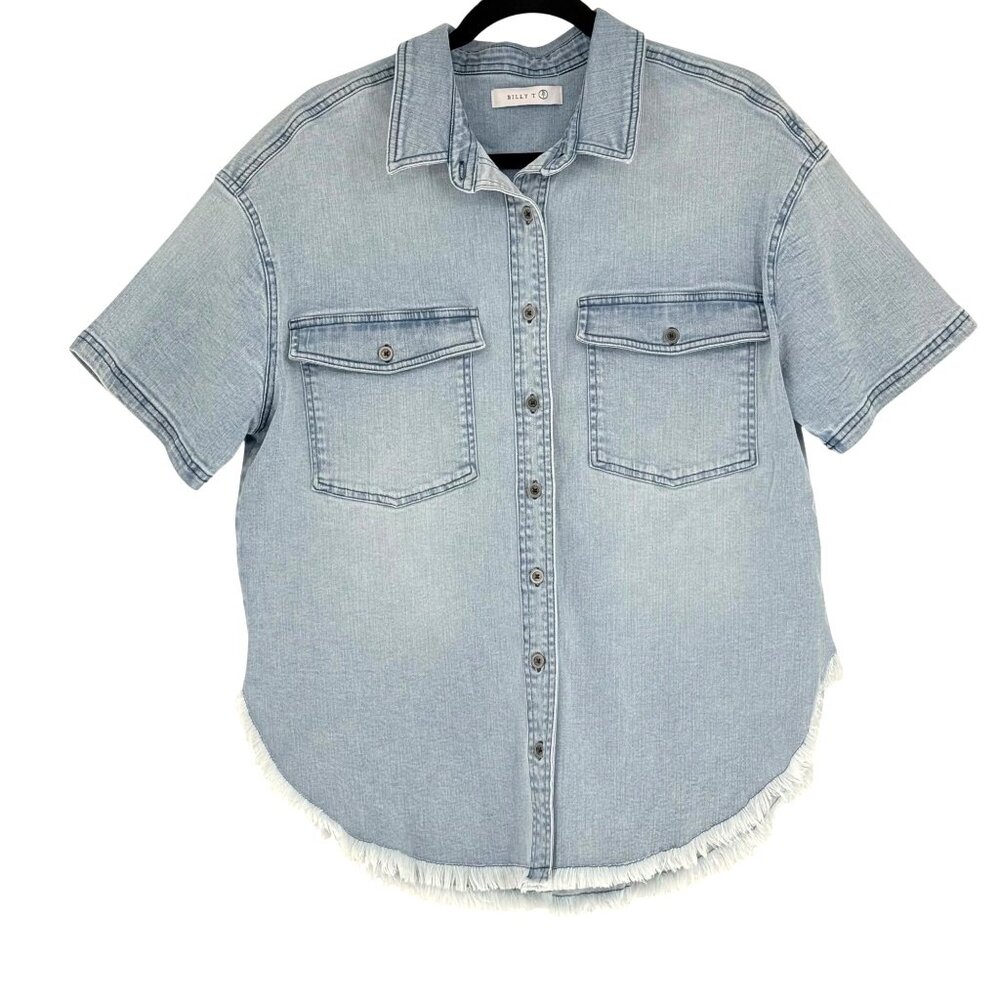 Billy T Womens Light Wash Short Sleeve Denim Button-Down Shirt With Frayed Hem - Picture 2 of 6